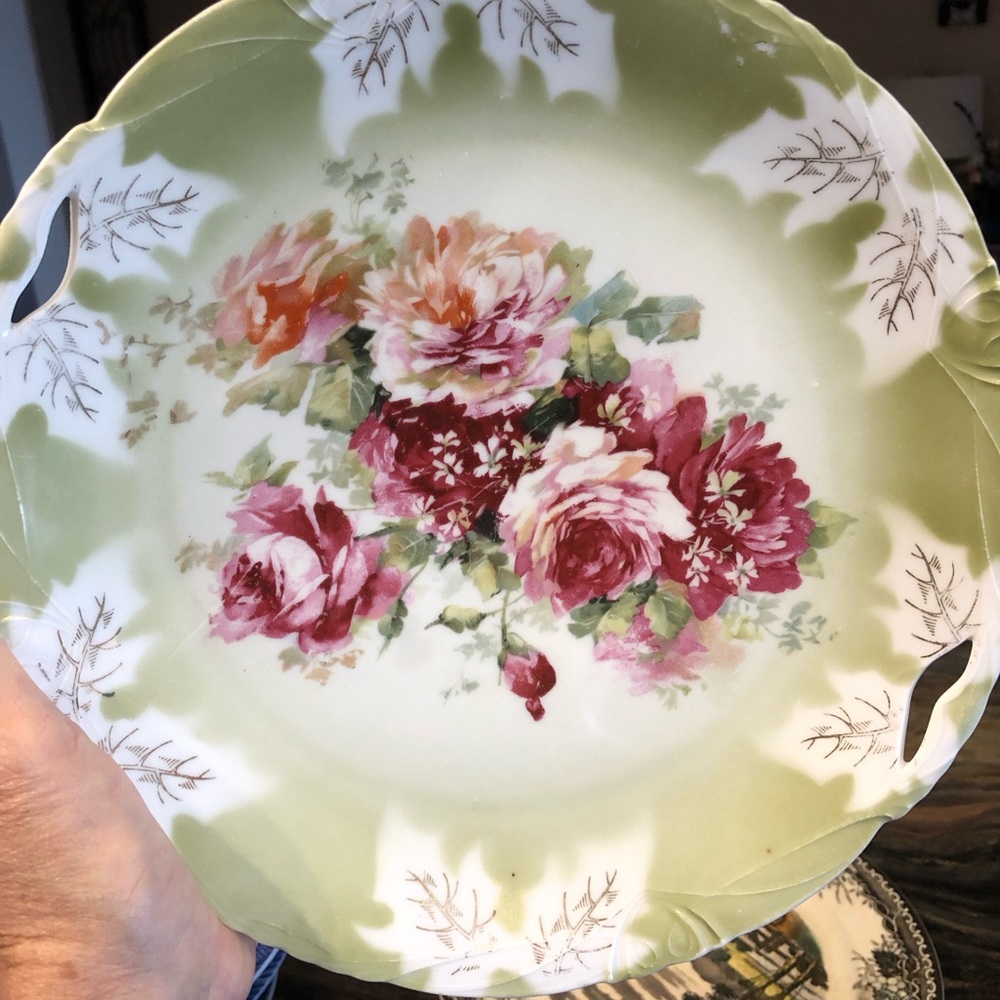 Welmar Germany serving plate. Bone china. Green. Floral. Handles.